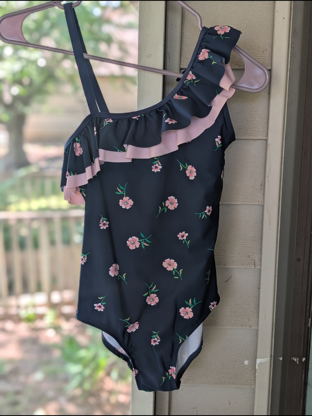 One-Shoulder Floral Ruffle Girls' Swimsuit - Navy with Pink Flowers
